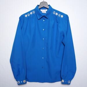 Vintage Women's Western Style Embroidered Electric Blue Blouse